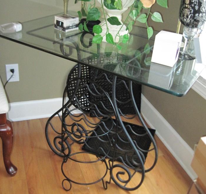 glass top table with wine rack iron base