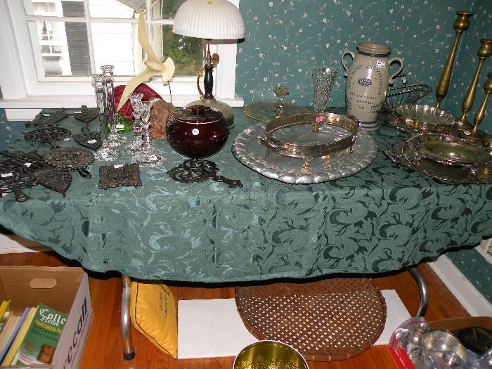 Silver Plate items, Vintage Lamp, Trivets, Brass Candlesticks, Bean Pot, Jonathan Living Seagull
