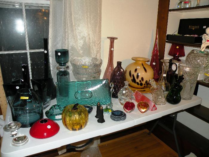 Shannon Crystal, Holmegaard Crown Stopper Bent Glass Decanters, Paperweights, Mid Century Glass platter