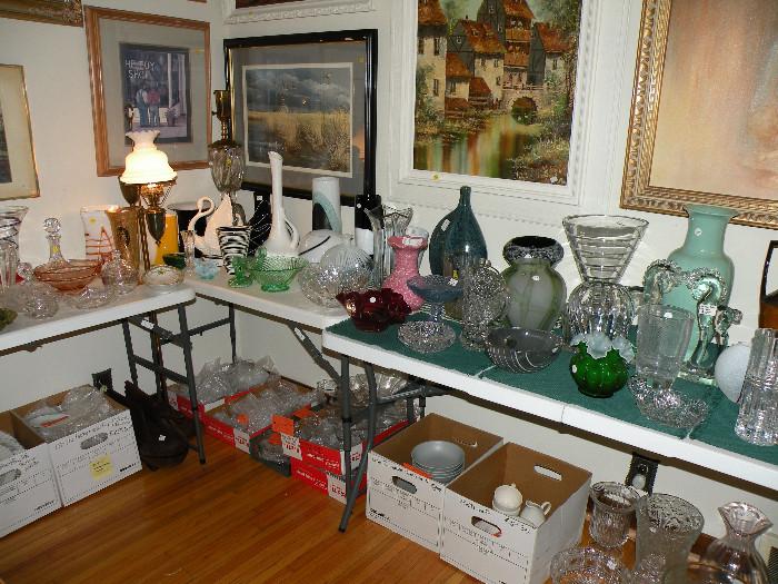 Box Lots on Floor, Crystal, Ceramics, Swan Lamp