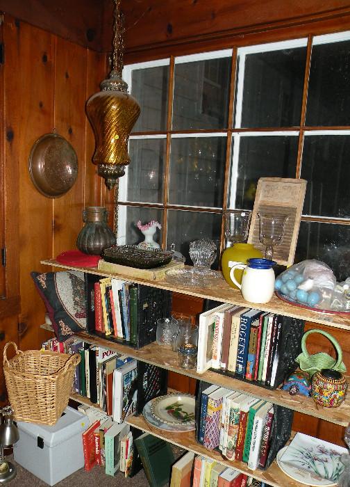 Copper Strainer & Jug, Amber Hanging Lamp, Books, Glassware