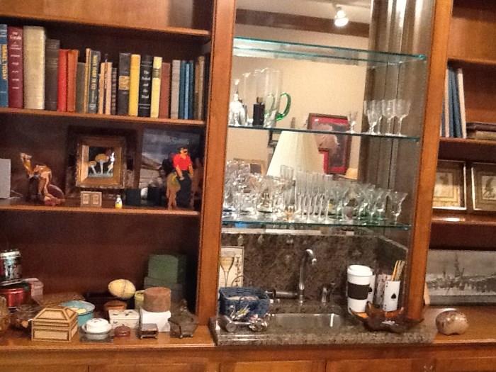 Books, boxes, glassware, Military Battleship photo, school year books