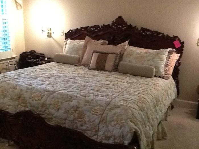 Carved King Size bed with linens!