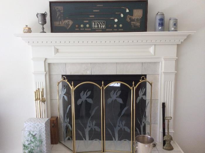 Various decorative and fireplace items. 