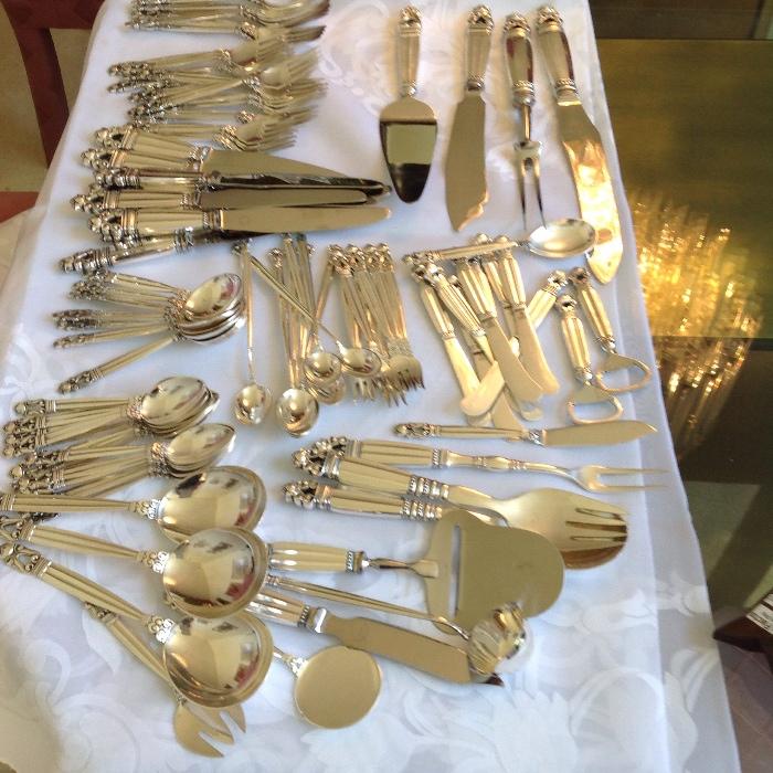 Georg Jensen sterling flatware service for 8, nine piece place settings plus serving pieces sold separately