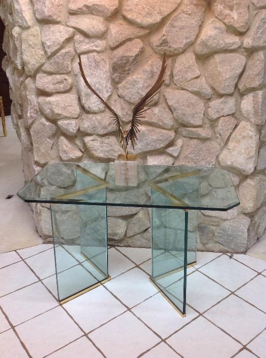 Modern brass and glass console and brass scupture