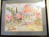 Beautiful Print  by listed artist Beth Eidelberg, entitled "When Red Buds  Bloom"...a very colorful garden scene with a focal point gazebo and lots of flowers.  Print is signed by the artist