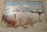Original Artwork "Parasols on Beach"  by listed artist Lee Reynolds.  Artwork depicts a lovely sunny day outing... at the beach...lots of brightly colored parasols / umbrellas providing shade from the sun...ah yes I can picture me there right now...