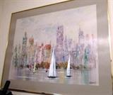 Original Artwork by listed artist H. Park...artworks depict tranquil scene of several  sailboats against a busy city backdrop.