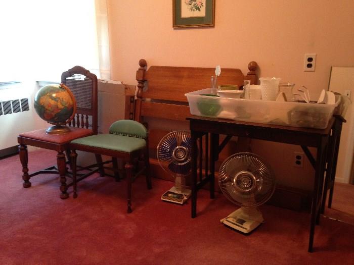 Twin head/foot board, chairs, fans, mirror, vases and lamps.