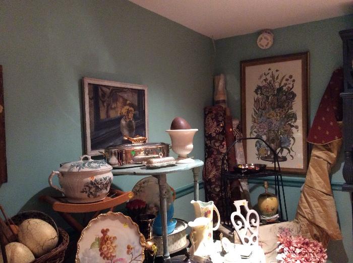 Oil painting, vintage hand painted plates, vases, pitchers: transfer ware chamber pots: