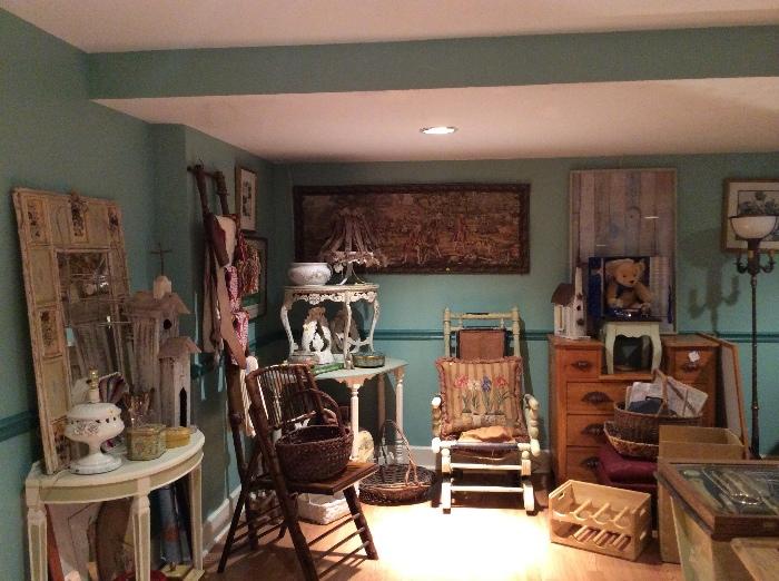 Demilune french occasional: 2 new bamboo folding chairs handmade birdhouses, two painted occasional tables: vintage linens: beautiful tapestry