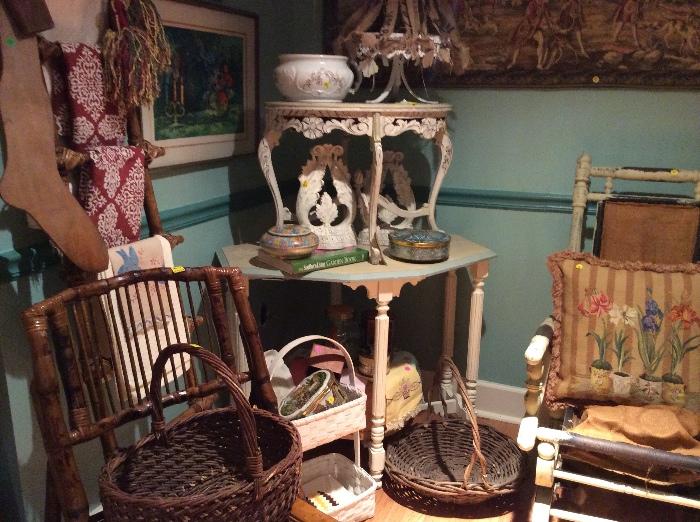 Vintage tins, sock form, baskets, antique rocker: