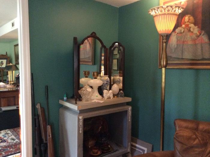 Antique cabinet, triple mirror, pottery