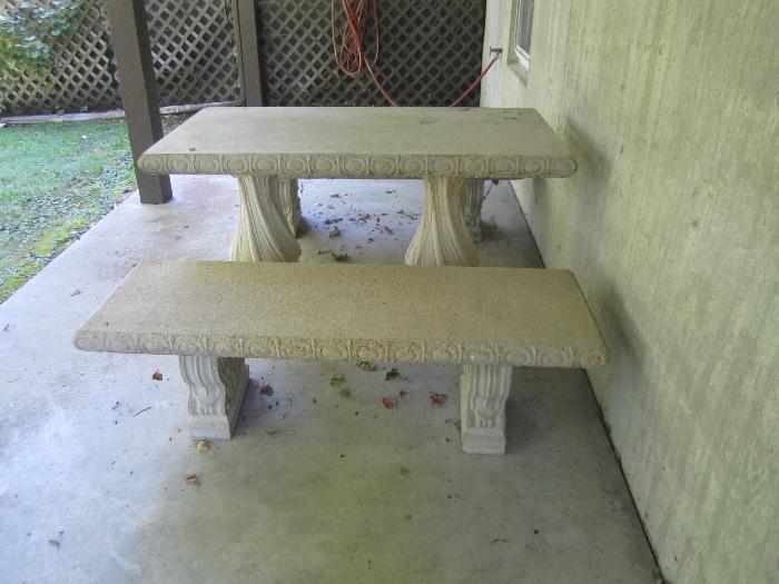 CEMENT TABLE AND PAIR OF BENCHES