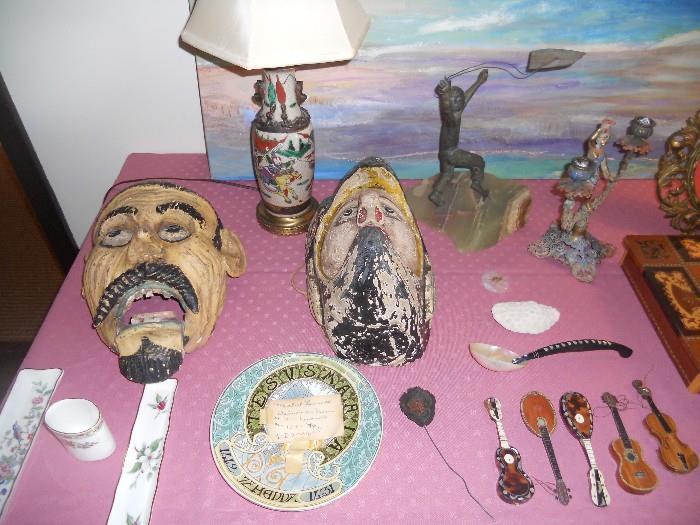 2 mexican masks, French Art Nouveau plate, Chinese antique porcelain lamp