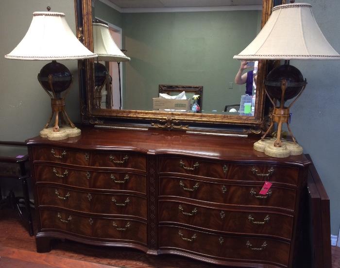 Mahogany dresser with Maitland Smith Lamps and gorgeous black and gold mirror.