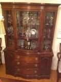 China Hutch with glassware including Tiffin Minton Stemware, Bohemian Decanter Set, Lead Crystal pieces