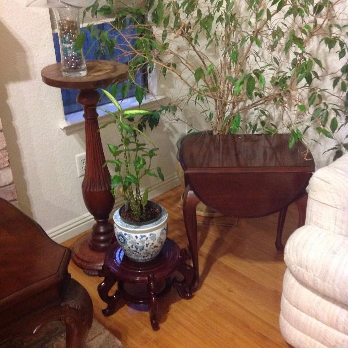 Plant stand and Ethan Allen drop leaf end table