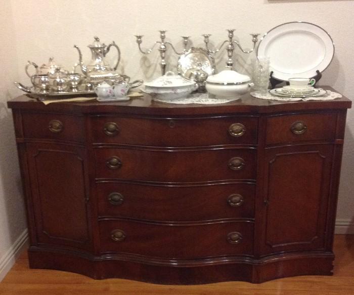 Buffet - displayed with Wedgewood "Carlyn" China, Silver Plate Items