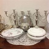 Silverplate candleholders, O&EG. covered veggie and Wedgewood Carlyn covered dish
