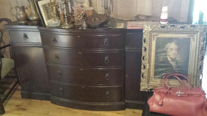 Mahogany buffet with lion head hardware, old framed portrait of George Washington (paper), various collectibles 