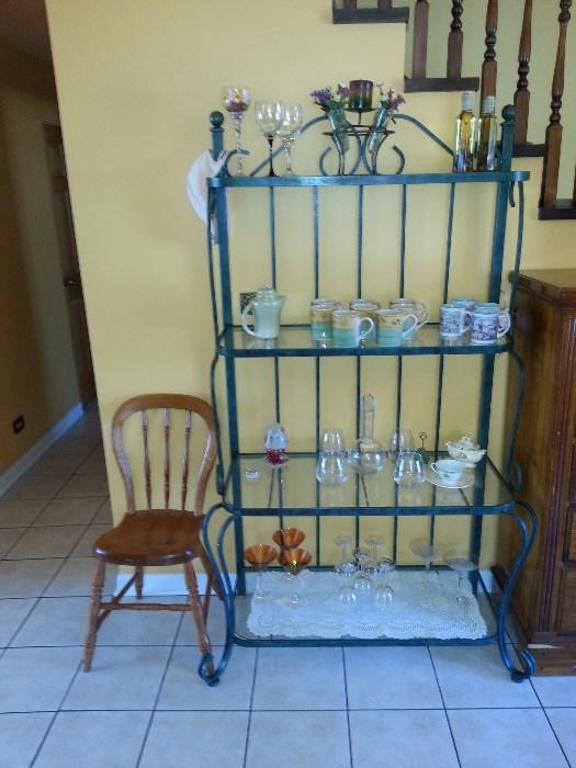 Glass bakers rack and solid maple chair