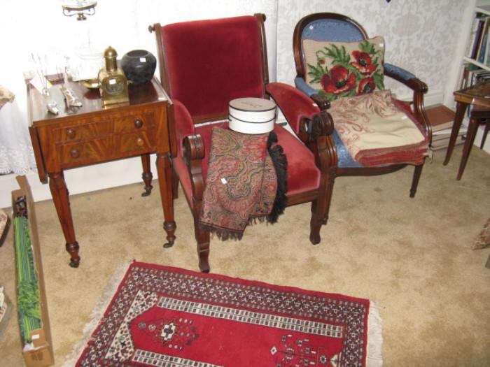 Early 2 Draw Stand / Victorian Side Chairs / Paisley / Sm Oriental Carpet Etc