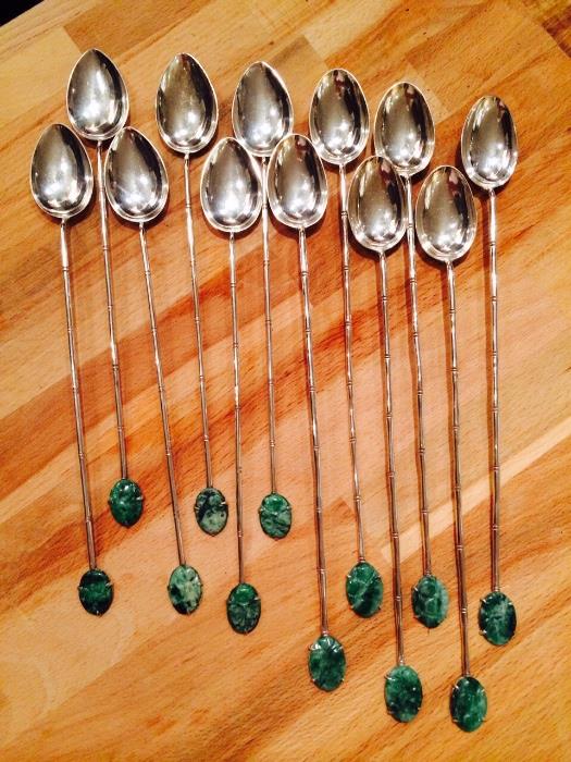 12 sterling and jade Chinese export spoons