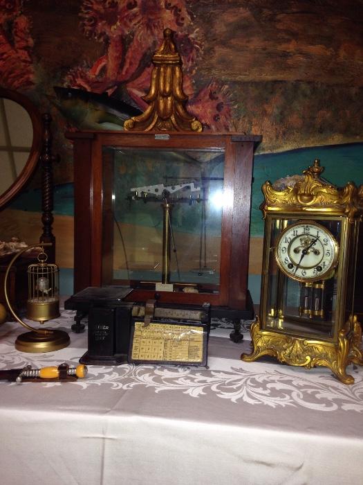 Rare Antique post office scale, antique clock 