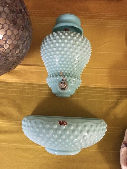 FENTON BLUE MILK GLASS HOBNAIL LAVABO FOUNTAIN HOLY WATER FONT WALL MOUNT