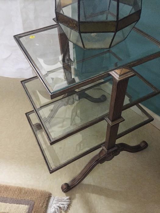 ANTIQUE 3 TIER GLASS AND METAL SIDE TABLES / 2 AVAILABLE
