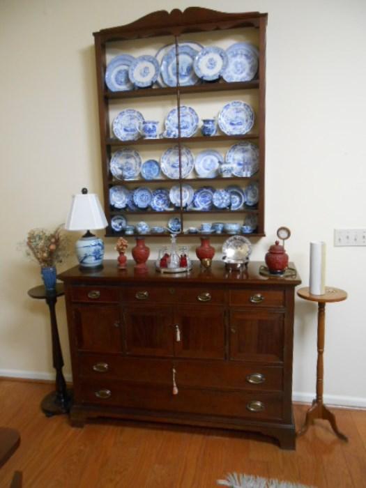 Craftique sideboard, beautiful plate rack, candlestands, many examples of English transfer, cinnabar pieces