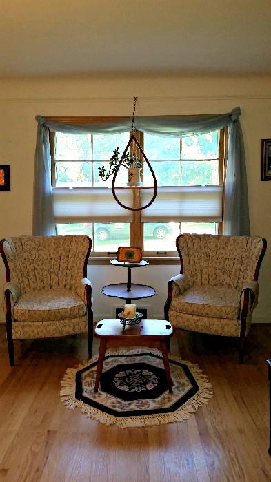Set of two Fan Back Sitting Chairs, Two Tier Pie Crust Table, Octagon Throw Rug, Danish Plant Hanger 