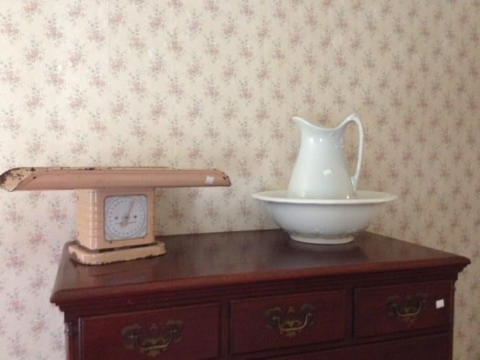 Vintage baby scale and pitcher and bowl