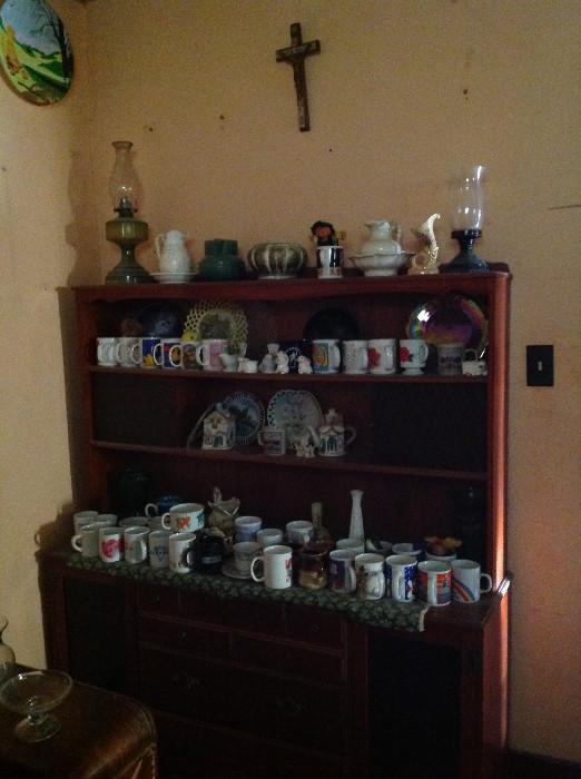 mugs, shelf, oil lamps, etc