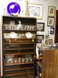 country store display case, glassware, pewter, etc.