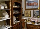 framed art, marble top washstand, bookcase, china, elegant glassware, etc.