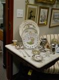 marble top table, plates, silver, settee, framed art, etc.