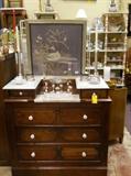 marble top dresser, framed silk art, glassware, etc.