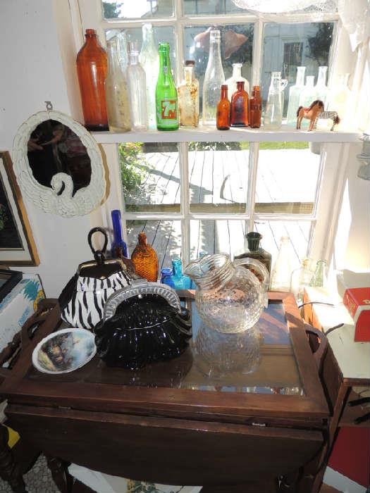 antique bottles, tea cart, cookie jars and collectibles