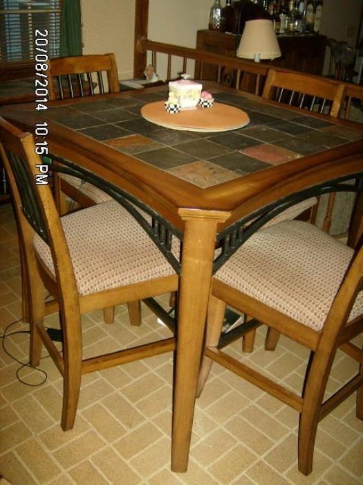 VERY NICE  !! HIGH LEG KITCHEN TABLE w/ SLATE TOP, 4-CHAIRS & SIDE TABLE
