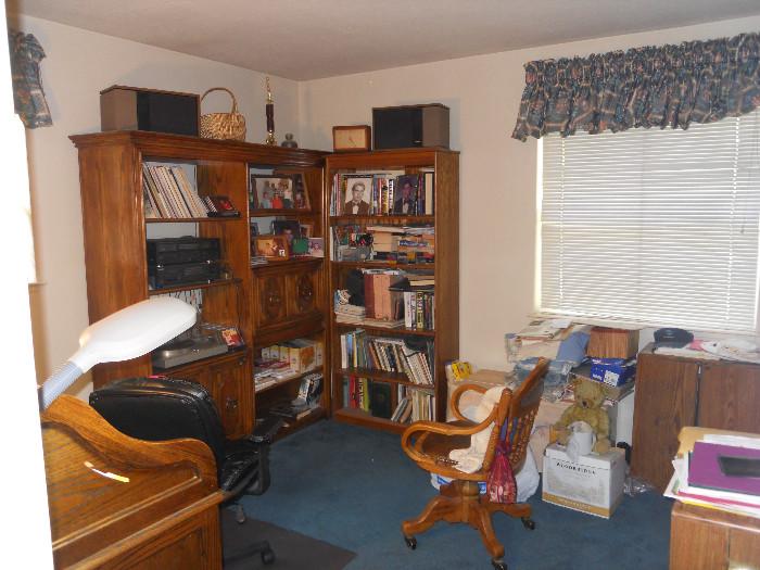 Den and Office Area, Books, Records, Stereo Unit, Collectibles, Small Furniture, Antique Roll Desk Chair.