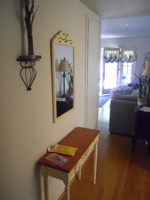 Front Entry Narrow Table, Creme Mirror and Decorative Wire Statue