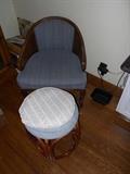 Short Blue Arm Chair, and Round Rattan-like Foot stool