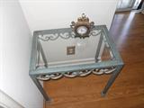 Ornate Green Metal and Glass Side Table with Mini Clock