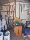 Shed filled with Contractor Tools, Shovels, Rakes, Saws, Fertilizers