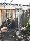 Garden Structures, Planter Pots in Metal Stands, Tall Birdhouse Structure, Garden Figures
