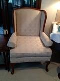 White Upholstered Wingback Chair with wood accents by Rowe (one of a pair)