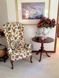 Crewel Upholstered Wingback chair, & Pie Crust Table